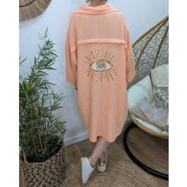 Robe chemise femme oversize coton gaze oeil sequins-Corail