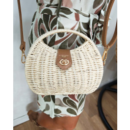 Sac à bandoulière en paille beige rigide rond-Camel