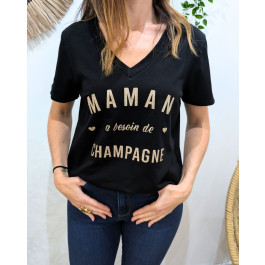 T-Shirt Maman a besoin de champagne paillettes-Noir