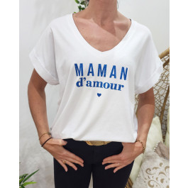 T-shirt femme blanc Maman d'amour pailleté-Bleu