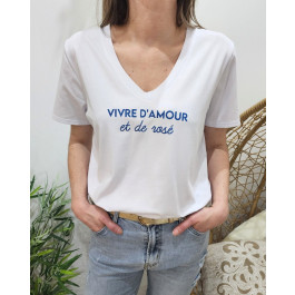 T-shirt femme blanc Vivre d'amour et de rosé pailleté-Bleu roi