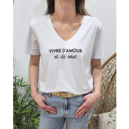 T-shirt femme blanc Vivre d'amour et de rosé pailleté-Noir