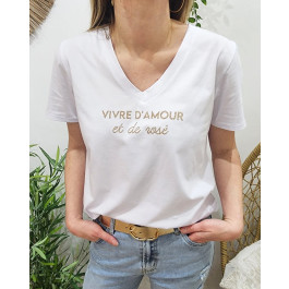 T-shirt femme blanc Vivre d'amour et de rosé pailleté-Or