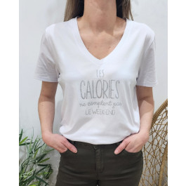 T-shirt femme blanc Les calories ne comptent pas le week-end pailleté-Argent