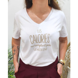 T-shirt femme blanc Les calories ne comptent pas le week-end pailleté-Or