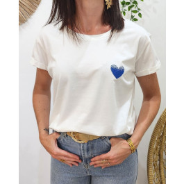 T-Shirt blanc broderie coeur dégradé-Bleu roi