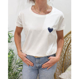 T-Shirt blanc broderie coeur dégradé-Bleu marine