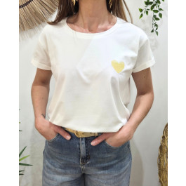 T-Shirt blanc broderie coeur dégradé-Jaune