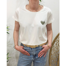 T-Shirt blanc broderie coeur dégradé-Kaki