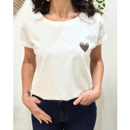T-Shirt blanc broderie coeur dégradé-Marron