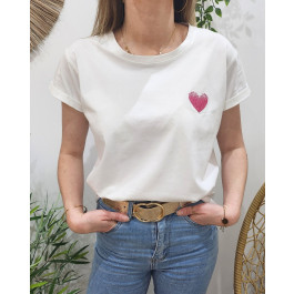 T-Shirt blanc broderie coeur dégradé-Rose fuchsia