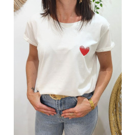 T-Shirt blanc broderie coeur dégradé-Rouge