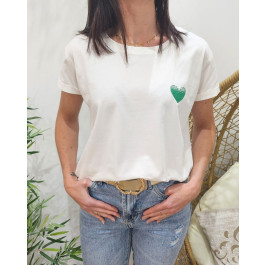 T-Shirt blanc broderie coeur dégradé-Vert