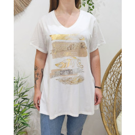 T-shirt oversize femme blanc plumes et sequins-Beige