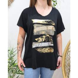 T-shirt oversize femme noir plumes et sequins-Beige