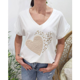 T-shirt femme double coeur pailleté et bouclettes-Blanc