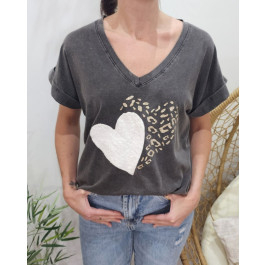 T-shirt femme double coeur pailleté et bouclettes-Gris