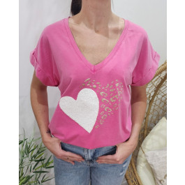 T-shirt femme double coeur pailleté et bouclettes-Rose