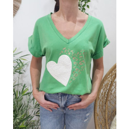 T-shirt femme double coeur pailleté et bouclettes-Vert