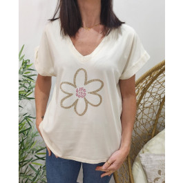 T-shirt femme beige fleur pailleté life is good-Rose