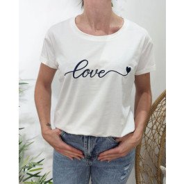 T-Shirt femme blanc broderie love coeur-Bleu marine