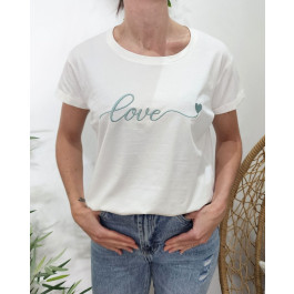 T-Shirt femme blanc broderie love coeur-Vert agate