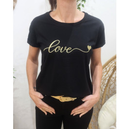 T-Shirt femme noir broderie love coeur-Or
