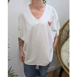T-Shirt femme oversize coeur brodé rouge-Blanc