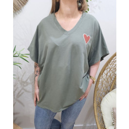 T-Shirt femme oversize coeur brodé rouge-Kaki