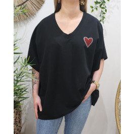 T-Shirt femme oversize coeur brodé rouge-Noir