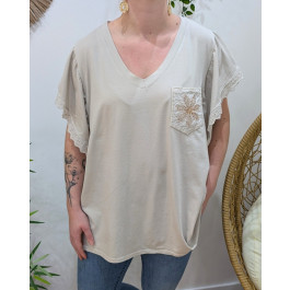 T-Shirt femme oversize manches brodées poche fleur strass-Beige