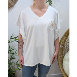 T-Shirt femme oversize manches brodées poche fleur strass-Blanc