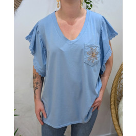 T-Shirt femme oversize manches brodées poche fleur strass-Bleu ciel