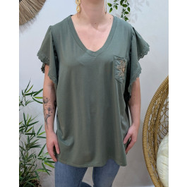 T-Shirt femme oversize manches brodées poche fleur strass-Kaki