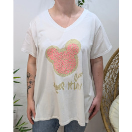 T-Shirt femme oversize Mickey paillettes dorées et rose-Blanc