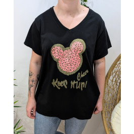 T-Shirt femme oversize Mickey paillettes dorées et rose-Noir