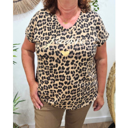 T-Shirt femme léopard J'adore taille unique-Camel