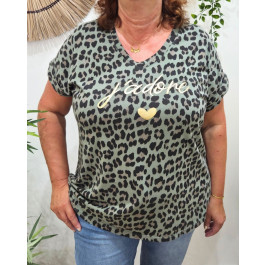 T-Shirt femme léopard J'adore taille unique-Kaki