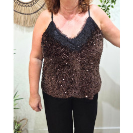 Top femme grande taille velours à sequins et dentelle-Marron