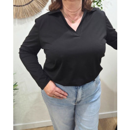 T-shirt femme manches longues col chemise-Noir
