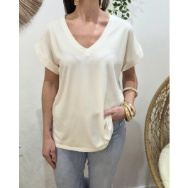 T-shirt femme uni col V-Beige