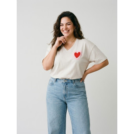 T-shirt femme col V Que du love-Beige