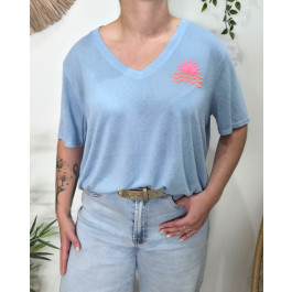 T-shirt femme col V soleil-Bleu