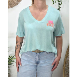 T-shirt femme col V soleil-Vert d'eau