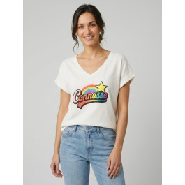 T-shirt femme uni col V Connasse arc en ciel-Beige