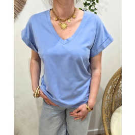 T-shirt femme uni col V-Bleu