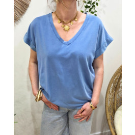 T-shirt femme uni col V-Bleu jean