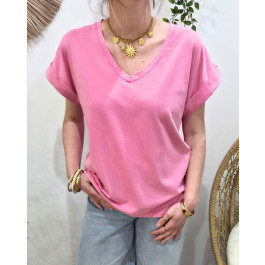 T-shirt femme uni col V-Rose