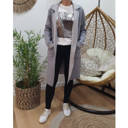Veste longue femme poches plaquées col et manches pied de poule-Gris