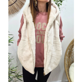 Veste sans manche femme à capuche fausse fourrure-Beige